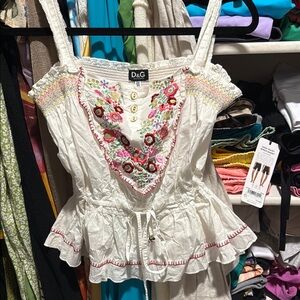 D&G Dolce and Gabbana Cream Smocked Peplum Blouse